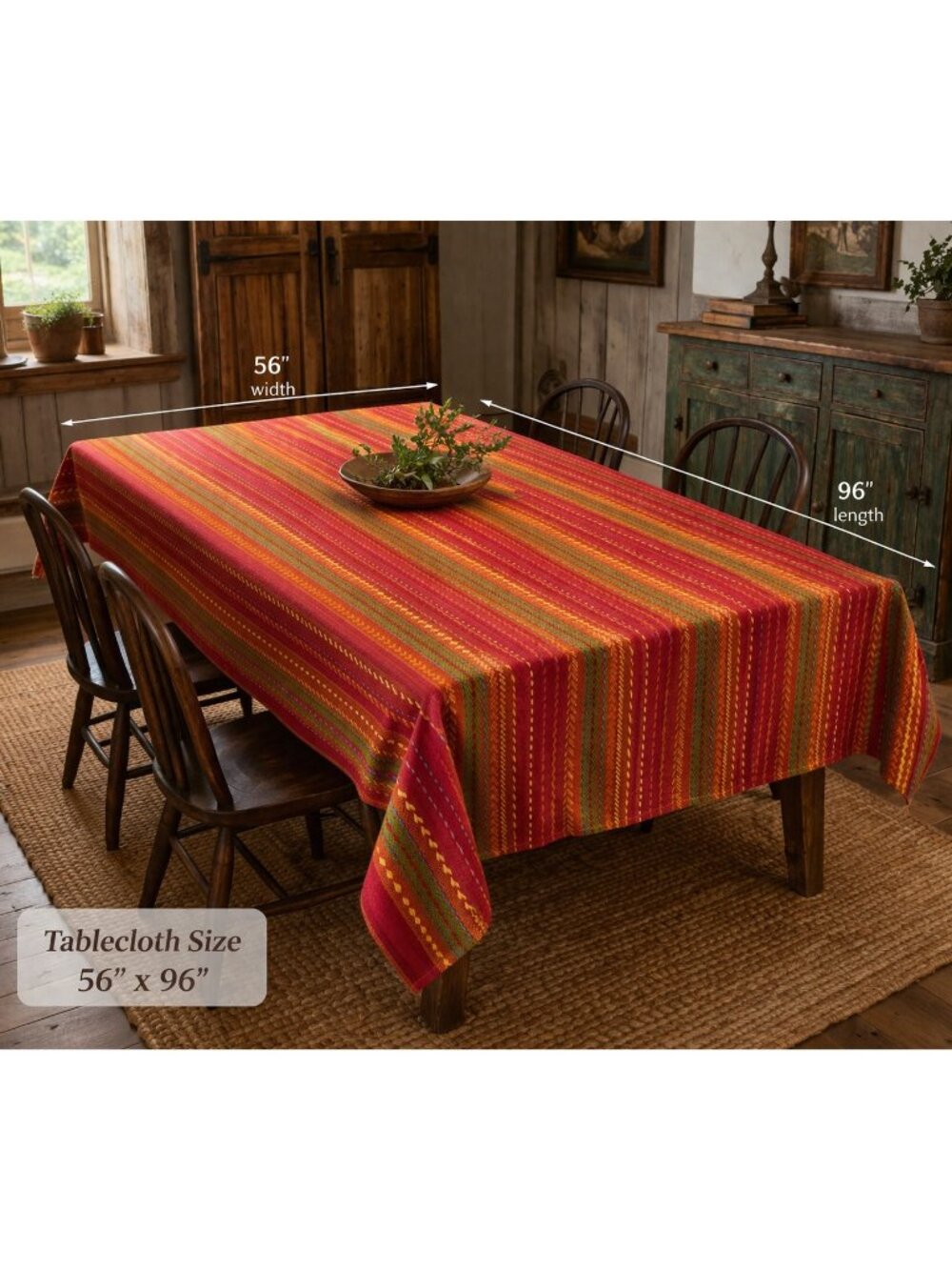 HS Tablecloth 56x96 Heavy Cotton Rectangular Rustic Stripe Southwest Autumn Red